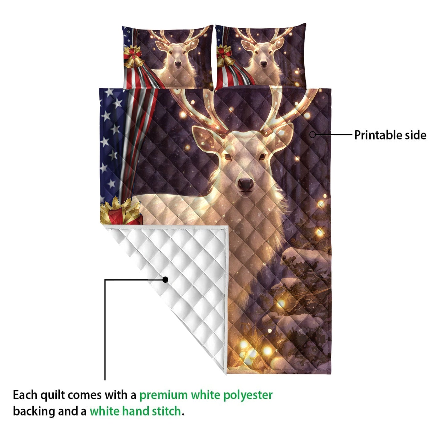 Deer Quilt Set, Beautiful Deer Withmas Bell Us Flagmas Quilt Blanket With Pillowcases, Quilt Bedding Set, Christmas Gift