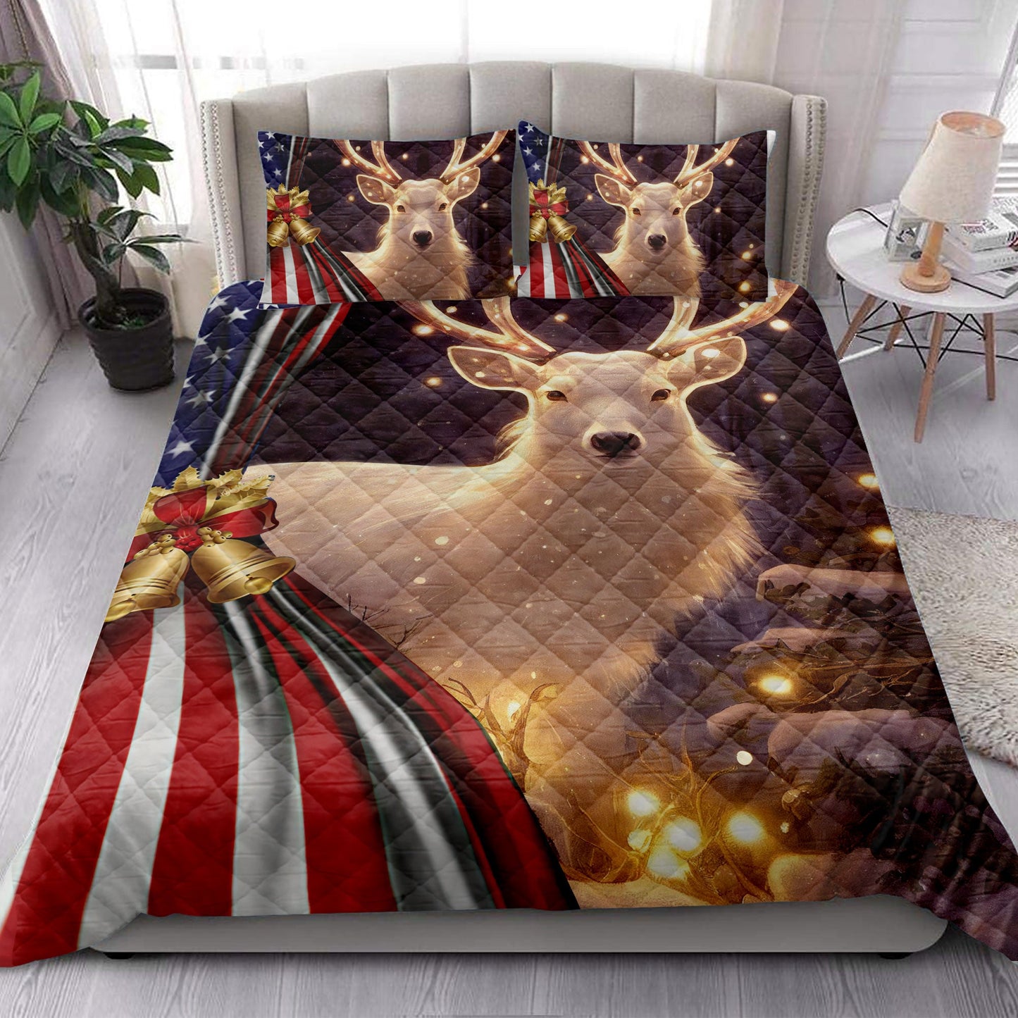 Deer Quilt Set, Beautiful Deer Withmas Bell Us Flagmas Quilt Blanket With Pillowcases, Quilt Bedding Set, Christmas Gift