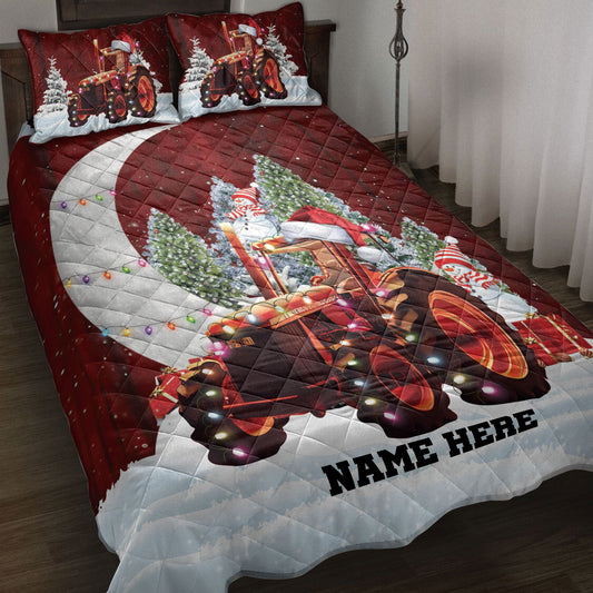 Personalized Tractor Quilt Set, Red Tractormas Hat String Lights Quilt Blanket With Pillowcases, Custom Name Quilt Bedding Set, Christmas Gift