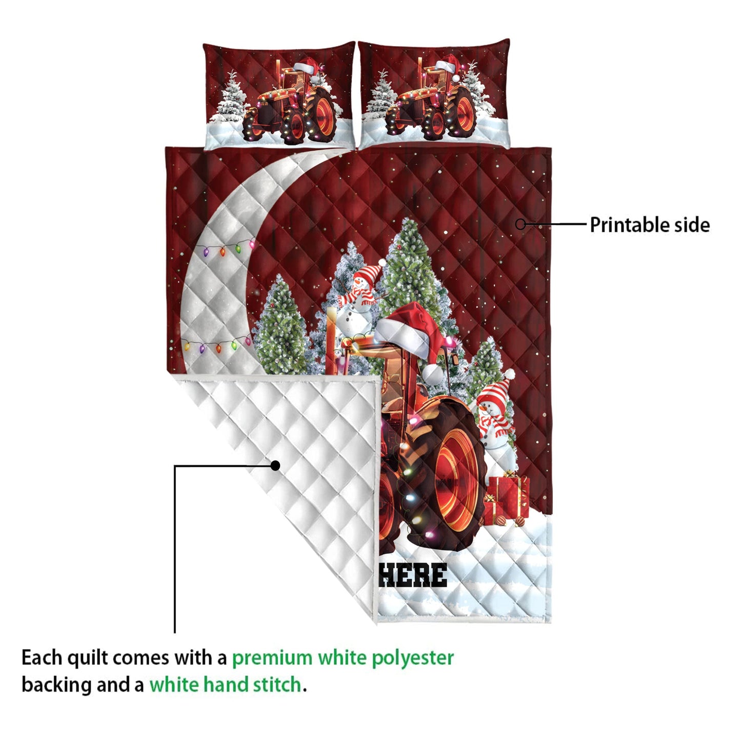 Personalized Tractor Quilt Set, Red Tractormas Hat String Lights Quilt Blanket With Pillowcases, Custom Name Quilt Bedding Set, Christmas Gift