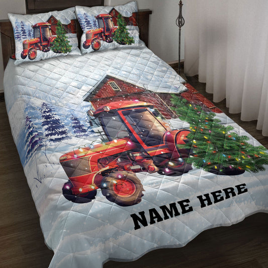 Personalized Tractor Quilt Set, Red Tractormas Tree Farm Country Quilt Blanket With Pillowcases, Custom Name Quilt Bedding Set, Christmas Gift