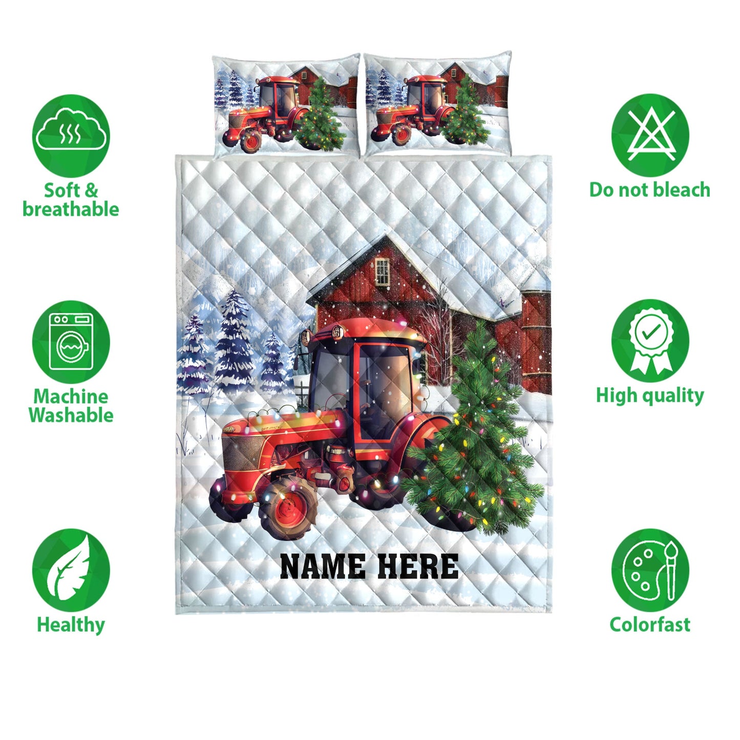 Personalized Tractor Quilt Set, Red Tractormas Tree Farm Country Quilt Blanket With Pillowcases, Custom Name Quilt Bedding Set, Christmas Gift