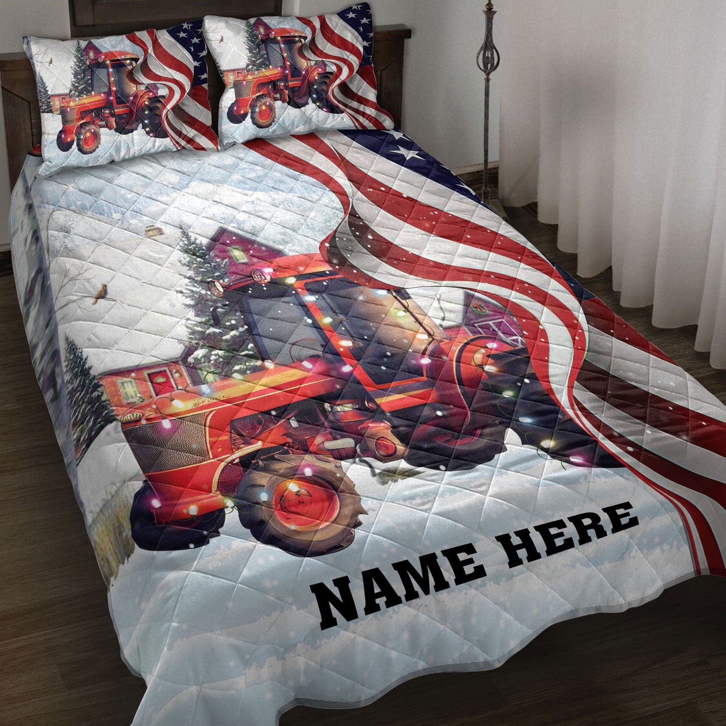 Personalized Tractor Quilt Set, Red Tractormas String Light Us Flag Quilt Blanket With Pillowcases, Custom Name Quilt Bedding Set, Christmas Gift