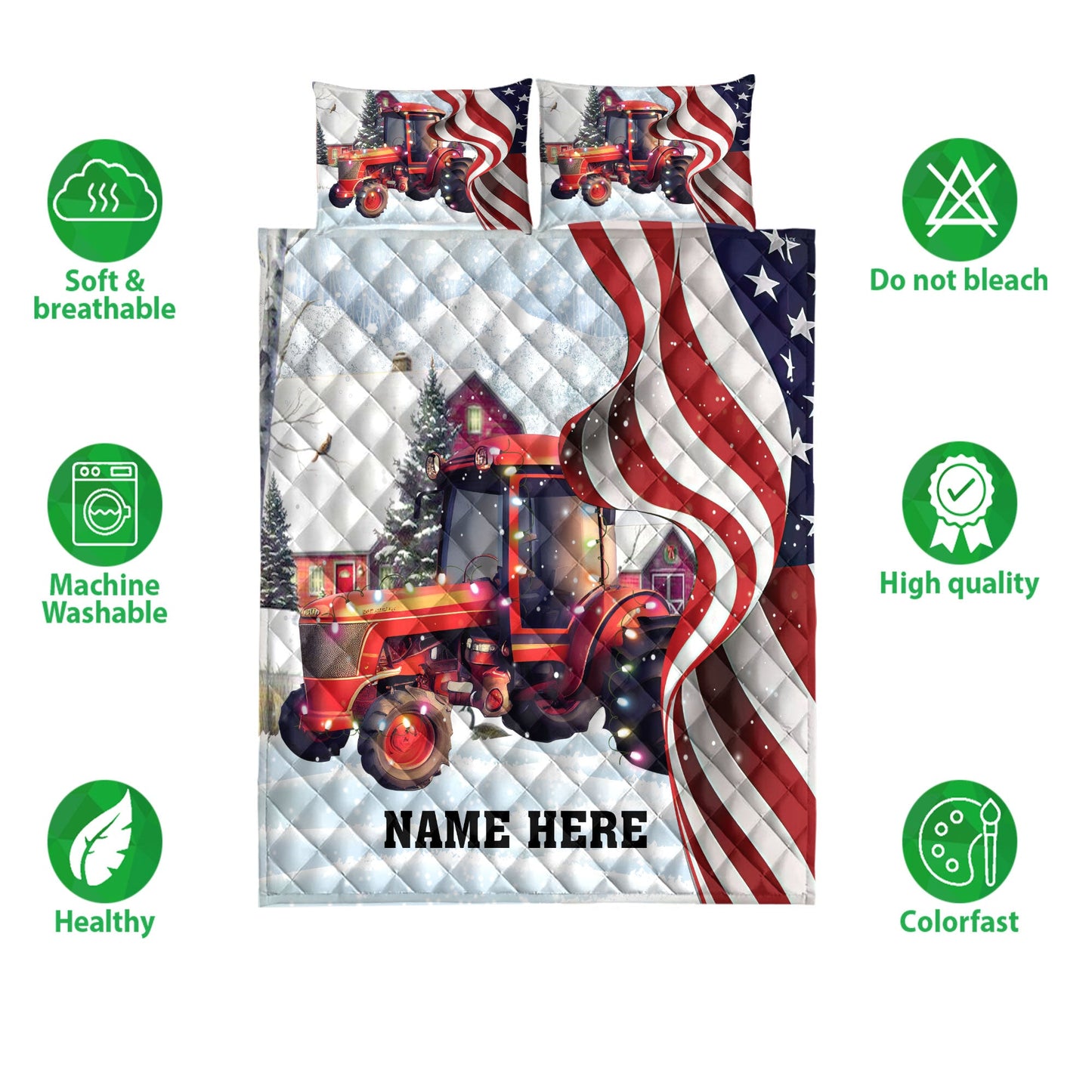 Personalized Tractor Quilt Set, Red Tractormas String Light Us Flag Quilt Blanket With Pillowcases, Custom Name Quilt Bedding Set, Christmas Gift
