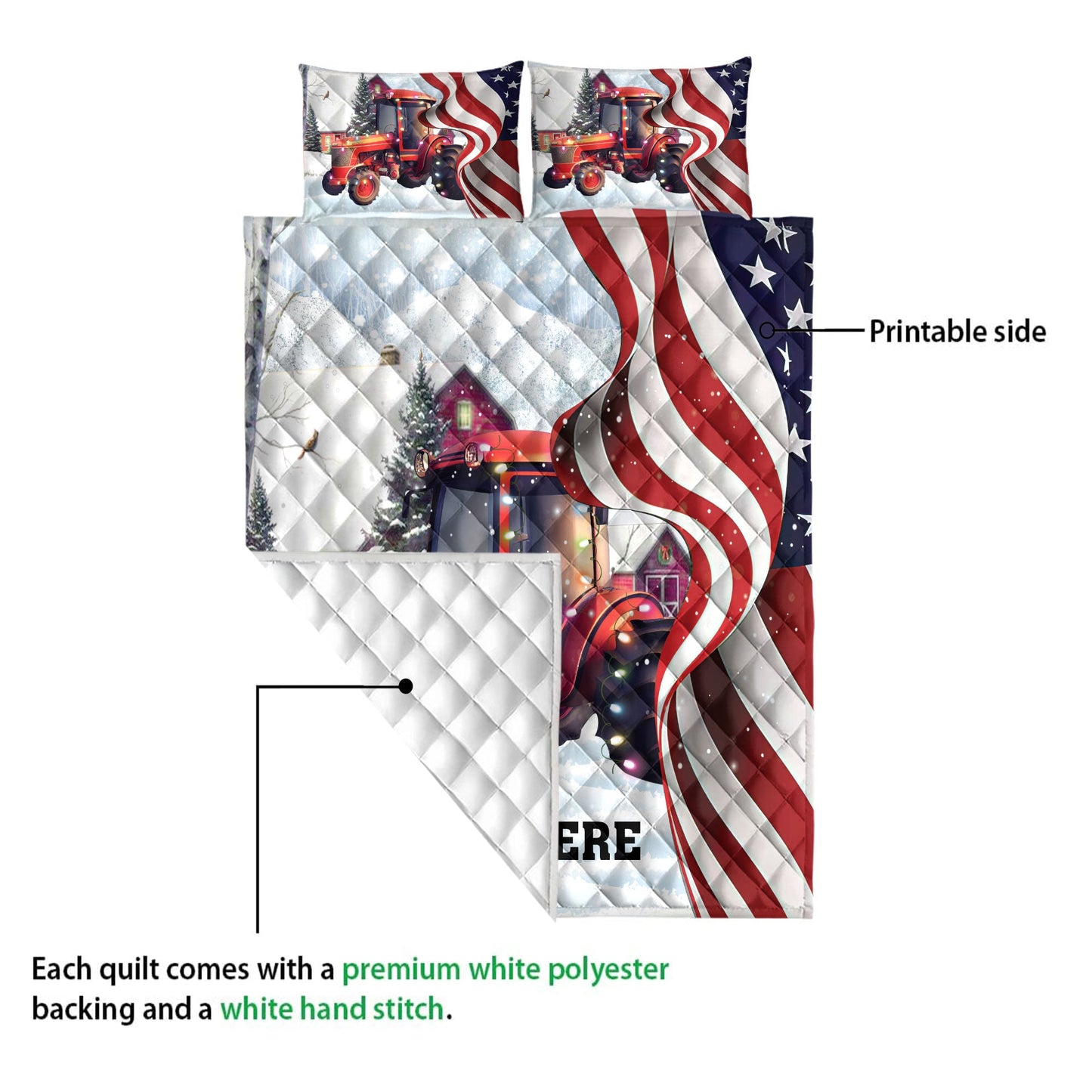 Personalized Tractor Quilt Set, Red Tractormas String Light Us Flag Quilt Blanket With Pillowcases, Custom Name Quilt Bedding Set, Christmas Gift