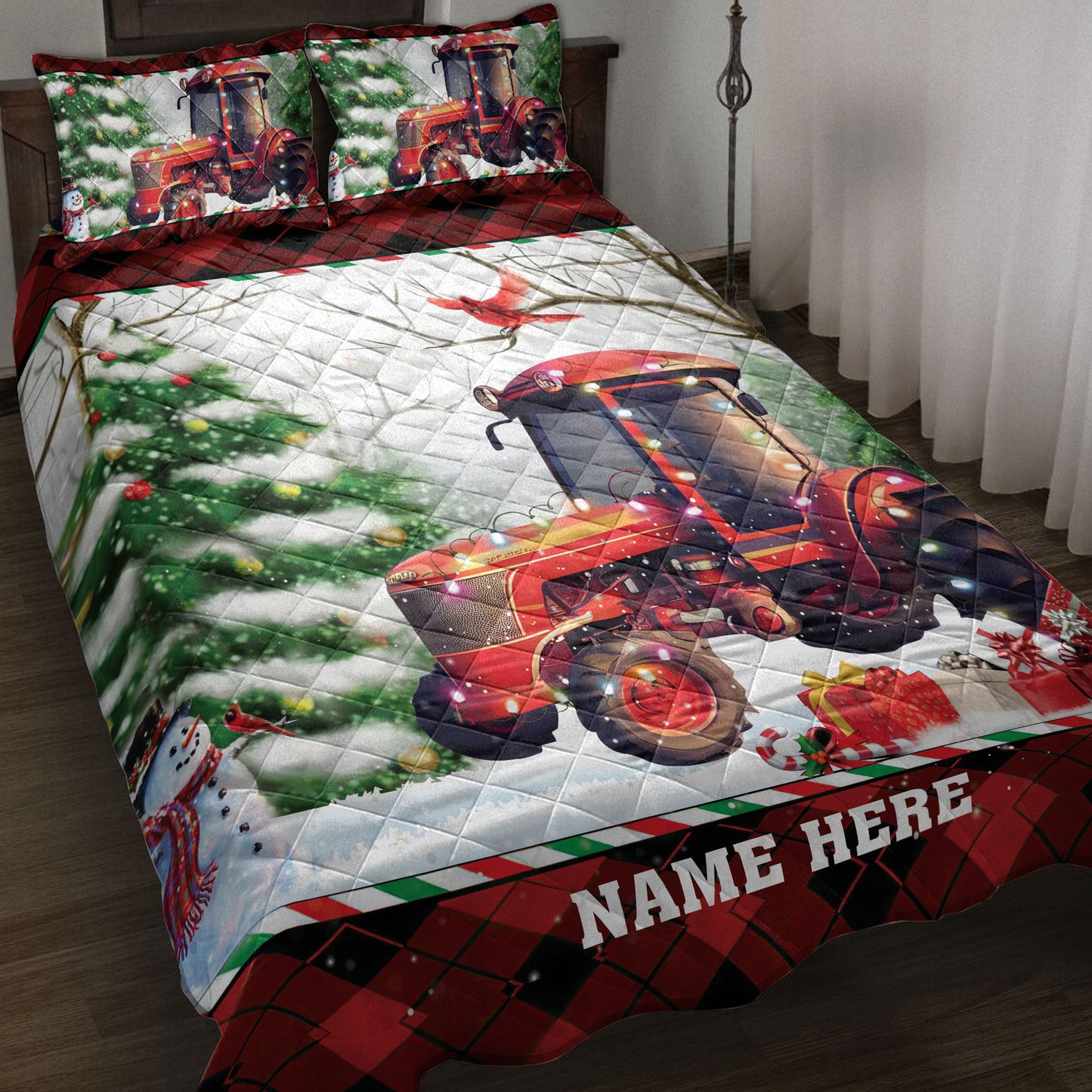 Personalized Tractor Quilt Set, Red Tractor Snowmas Tree Quilt Blanket With Pillowcases, Custom Name Quilt Bedding Set, Christmas Gift