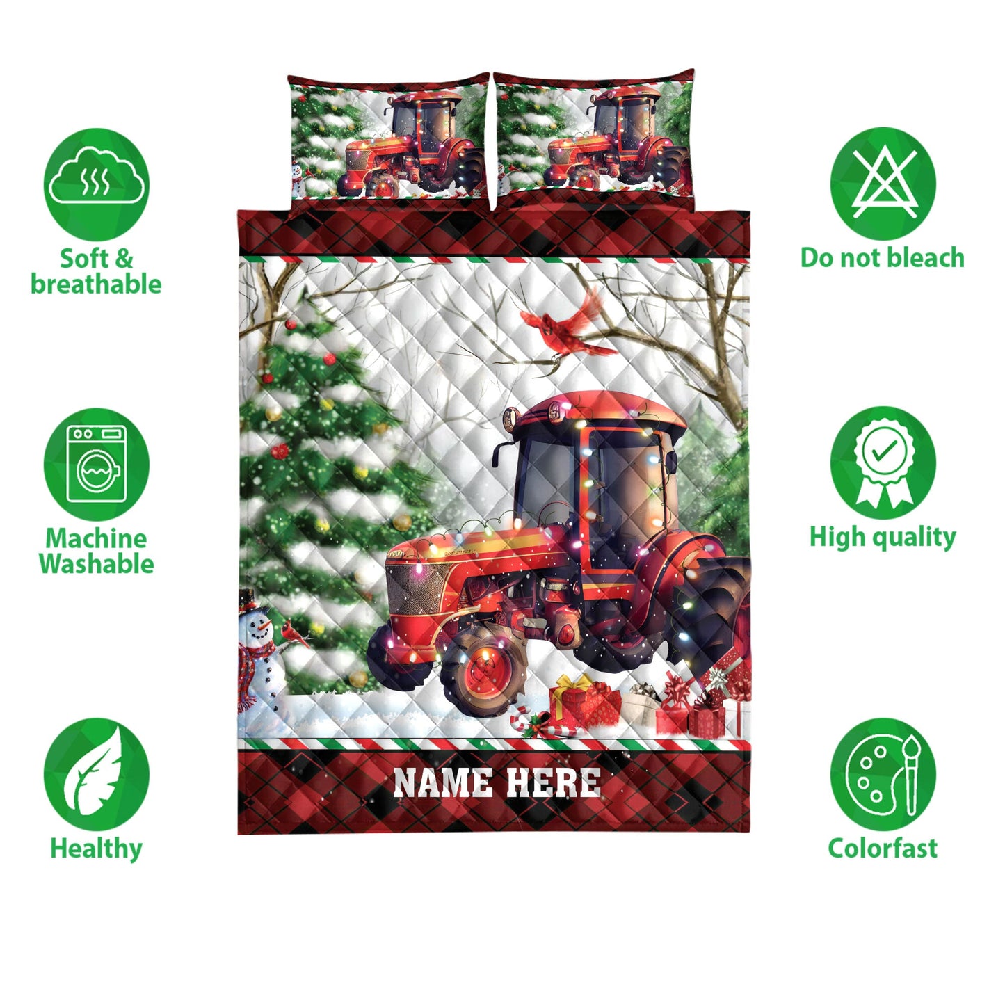 Personalized Tractor Quilt Set, Red Tractor Snowmas Tree Quilt Blanket With Pillowcases, Custom Name Quilt Bedding Set, Christmas Gift