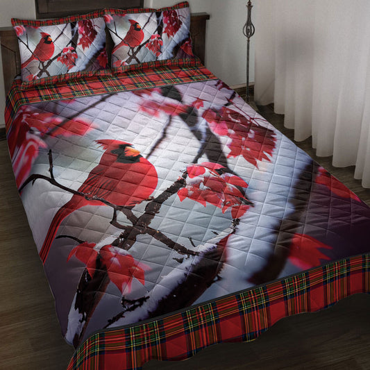 Cardinal Quilt Set, Cardinal Bird Snowflake Red Maple Leaf Buffalo Plaidmas Quilt Blanket With Pillowcases, Quilt Bedding Set, Christmas Gift