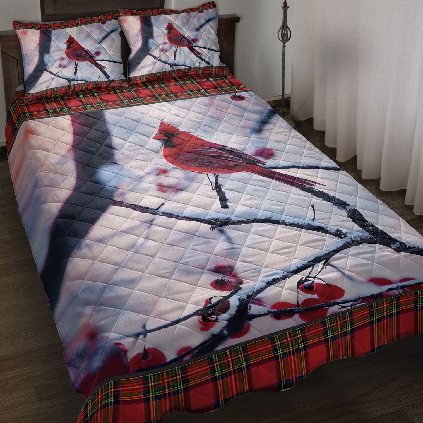 Cardinal Quilt Set, Cardinal Perched In A Cherry Tree Snowflake Buffalo Plaidmas Quilt Blanket With Pillowcases, Quilt Bedding Set, Christmas Gift