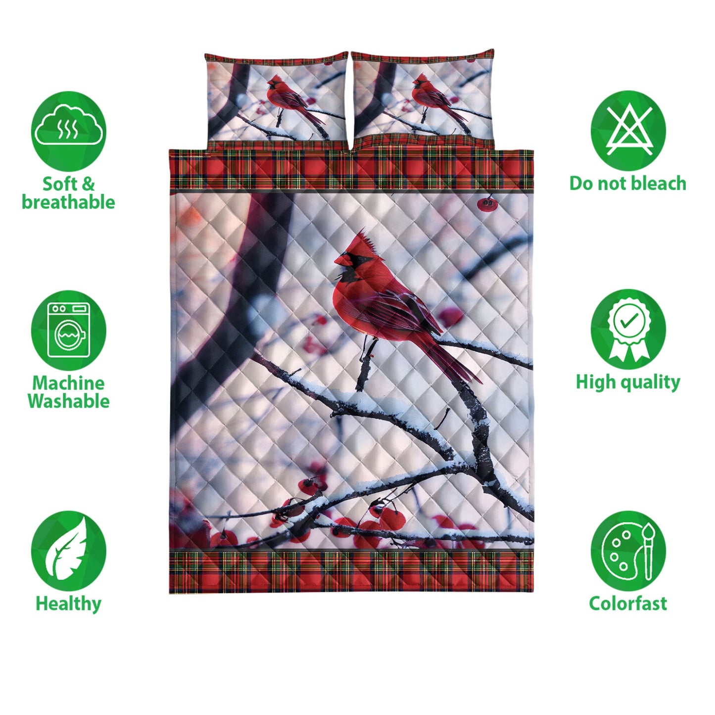 Cardinal Quilt Set, Cardinal Perched In A Cherry Tree Snowflake Buffalo Plaidmas Quilt Blanket With Pillowcases, Quilt Bedding Set, Christmas Gift