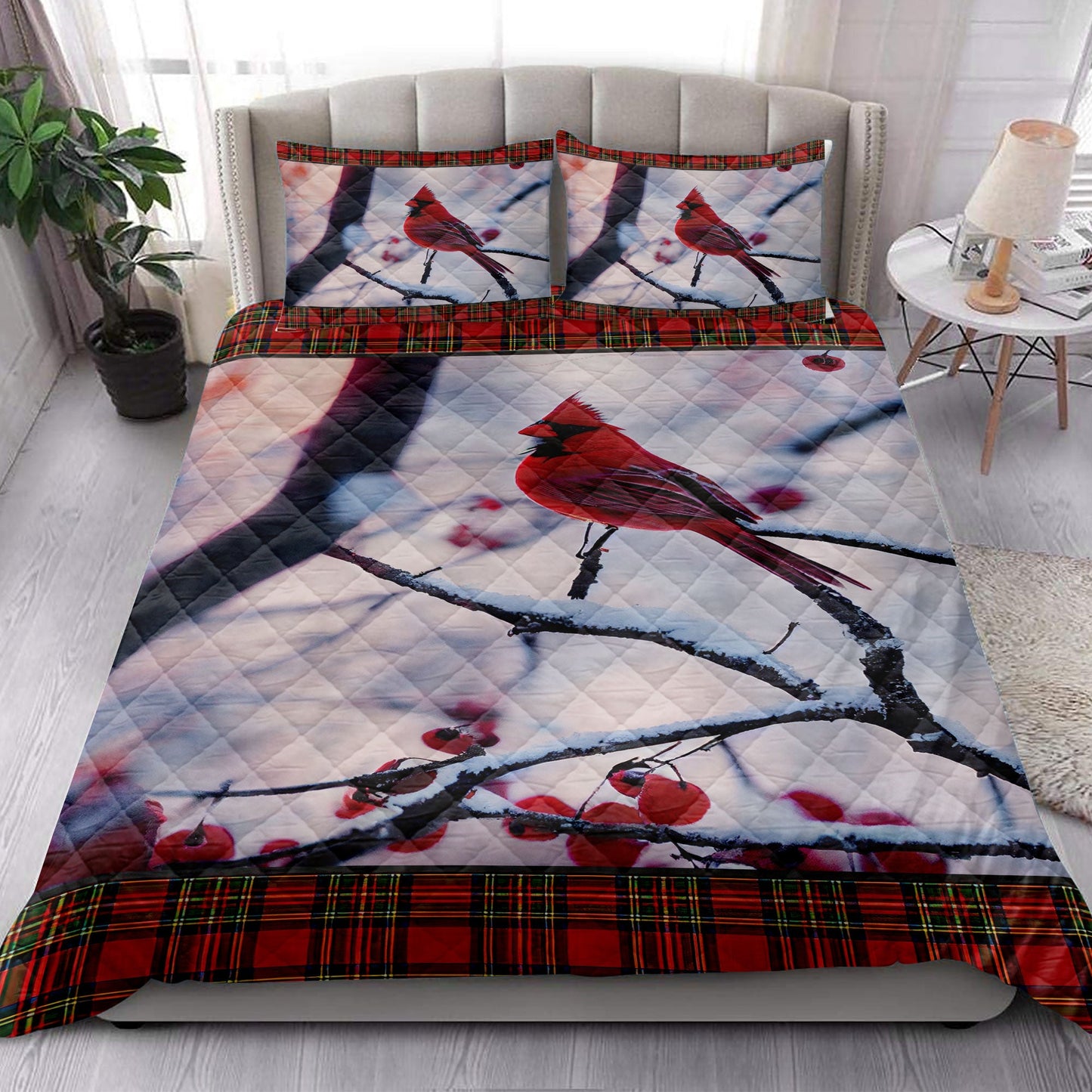Cardinal Quilt Set, Cardinal Perched In A Cherry Tree Snowflake Buffalo Plaidmas Quilt Blanket With Pillowcases, Quilt Bedding Set, Christmas Gift