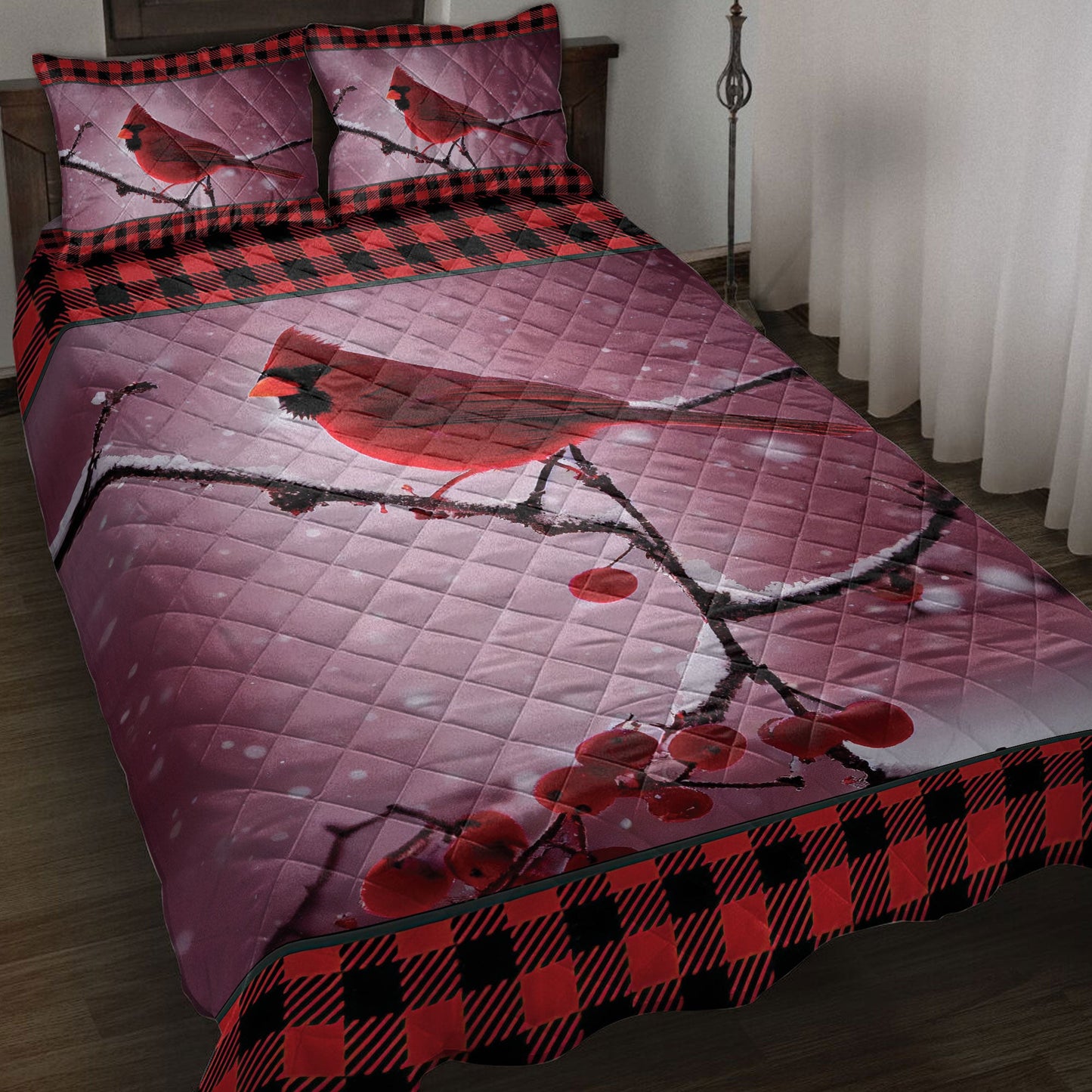 Cardinal Quilt Set, Cardinal Cherry Tree Snowflake Red Buffalo Plaid Birds Quilt Blanket With Pillowcases, Quilt Bedding Set