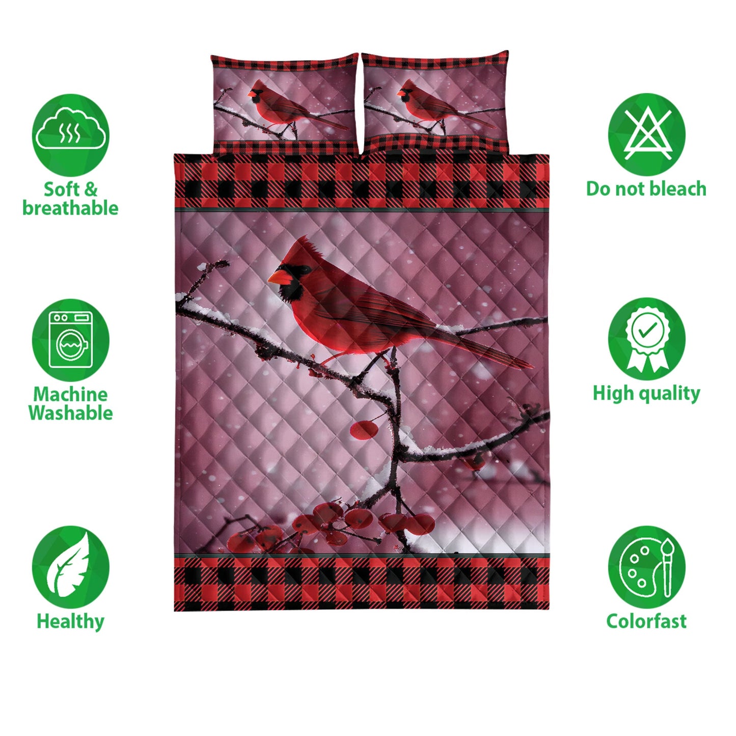Cardinal Quilt Set, Cardinal Cherry Tree Snowflake Red Buffalo Plaid Birds Quilt Blanket With Pillowcases, Quilt Bedding Set