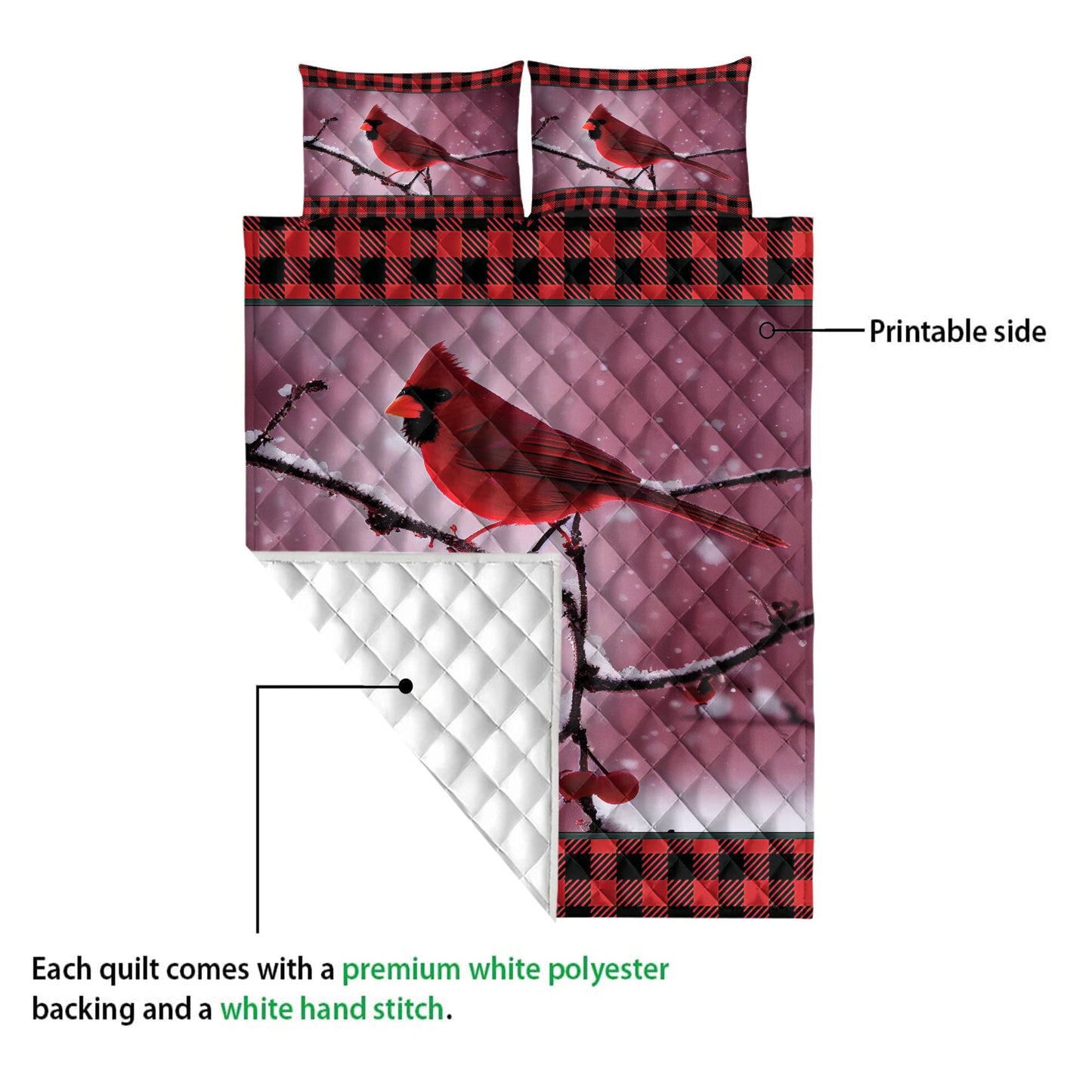 Cardinal Quilt Set, Cardinal Cherry Tree Snowflake Red Buffalo Plaid Birds Quilt Blanket With Pillowcases, Quilt Bedding Set