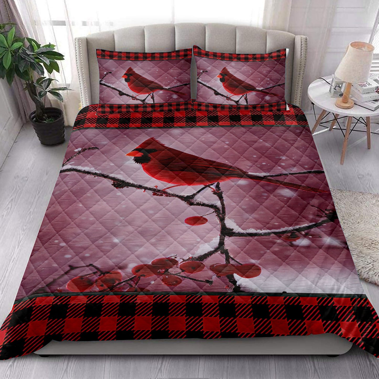 Cardinal Quilt Set, Cardinal Cherry Tree Snowflake Red Buffalo Plaid Birds Quilt Blanket With Pillowcases, Quilt Bedding Set