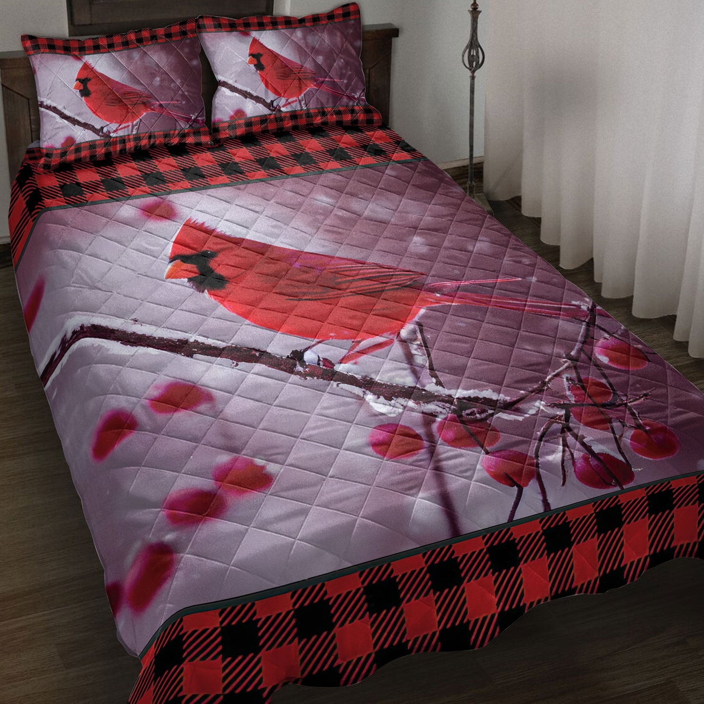 Cardinal Quilt Set, Red Cardinal Cherry Tree Snowflake Red Buffalo Plaid Bird Quilt Blanket With Pillowcases, Quilt Bedding Set