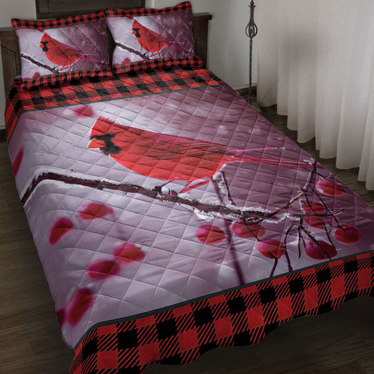 Cardinal Quilt Set, Red Cardinal Cherry Tree Snowflake Red Buffalo Plaid Bird Quilt Blanket With Pillowcases, Quilt Bedding Set