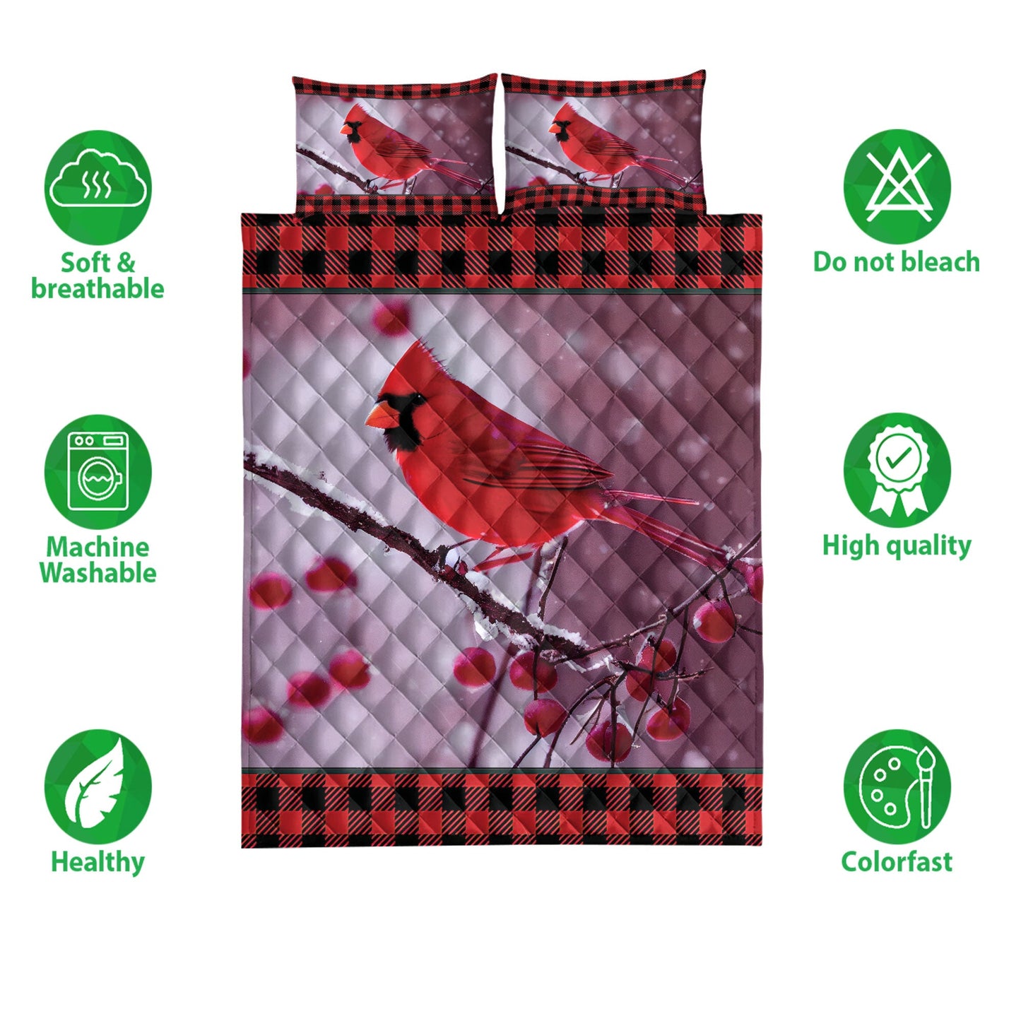 Cardinal Quilt Set, Red Cardinal Cherry Tree Snowflake Red Buffalo Plaid Bird Quilt Blanket With Pillowcases, Quilt Bedding Set