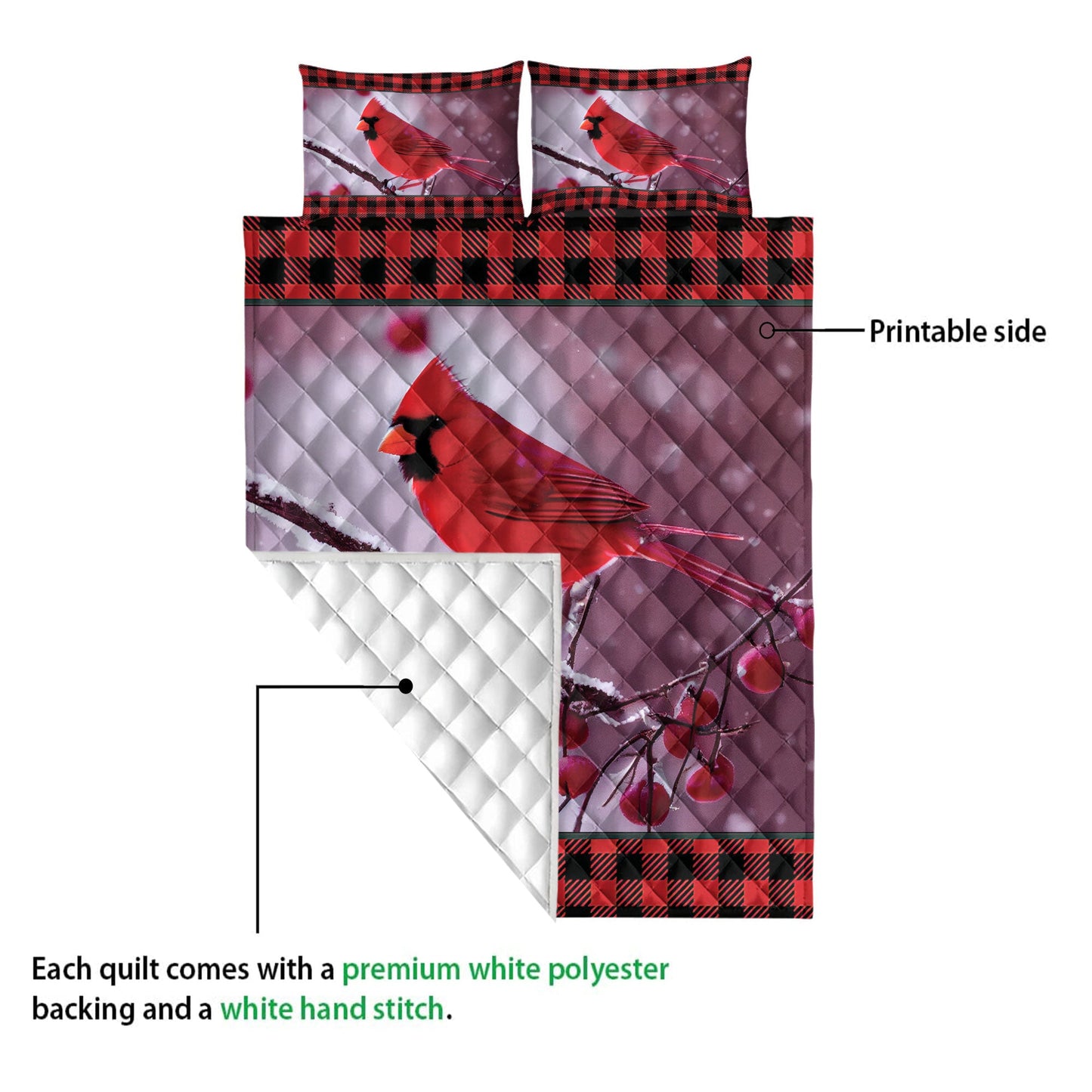 Cardinal Quilt Set, Red Cardinal Cherry Tree Snowflake Red Buffalo Plaid Bird Quilt Blanket With Pillowcases, Quilt Bedding Set