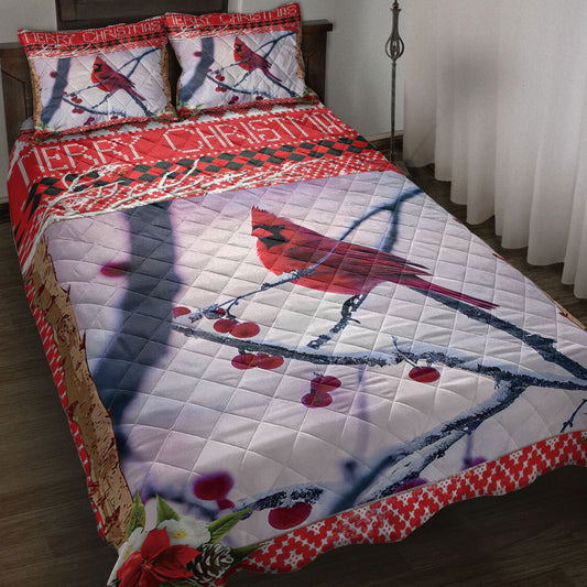 Cardinal Quilt Set, Beautiful Cardinal Bird Cherry Tree And Snowflake Birds Quilt Blanket With Pillowcases, Quilt Bedding Set