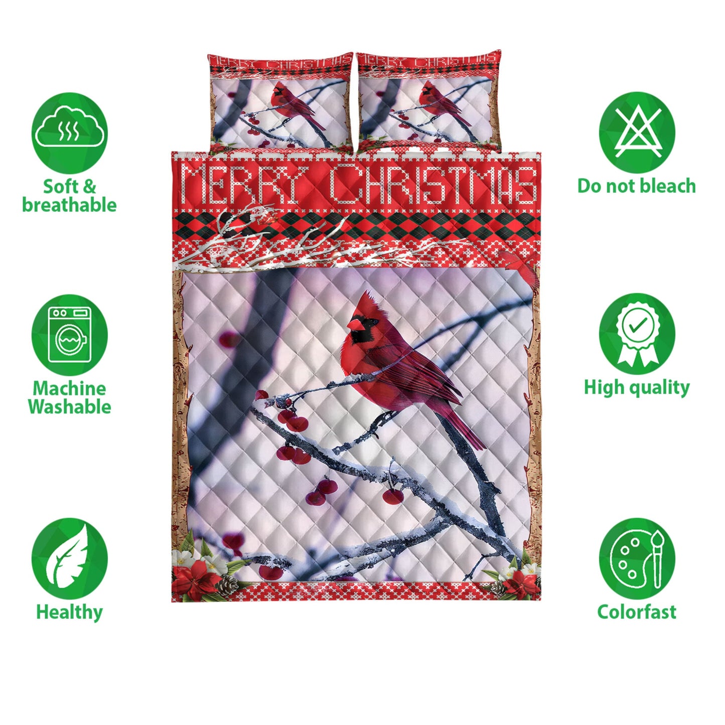 Cardinal Quilt Set, Beautiful Cardinal Bird Cherry Tree And Snowflake Birds Quilt Blanket With Pillowcases, Quilt Bedding Set