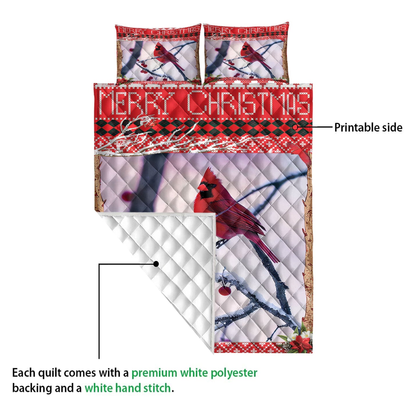 Cardinal Quilt Set, Beautiful Cardinal Bird Cherry Tree And Snowflake Birds Quilt Blanket With Pillowcases, Quilt Bedding Set