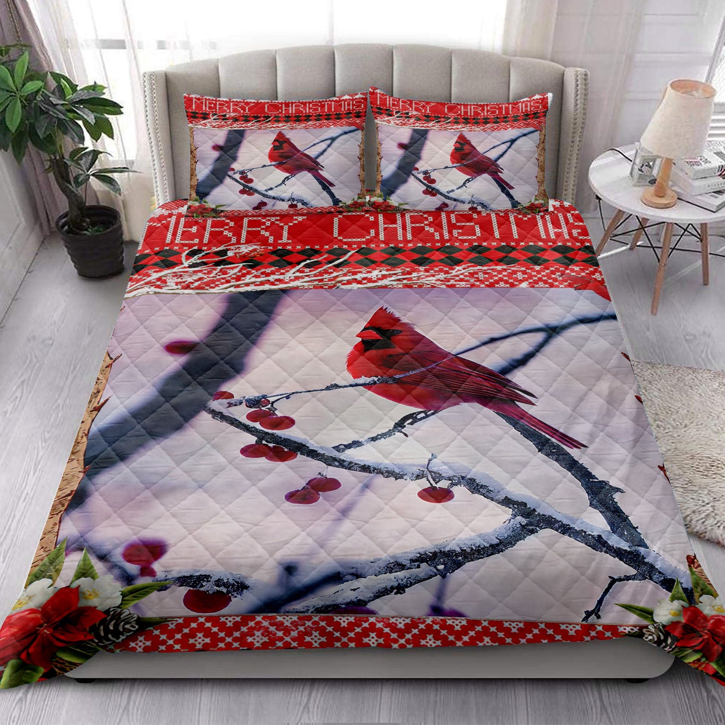 Cardinal Quilt Set, Beautiful Cardinal Bird Cherry Tree And Snowflake Birds Quilt Blanket With Pillowcases, Quilt Bedding Set