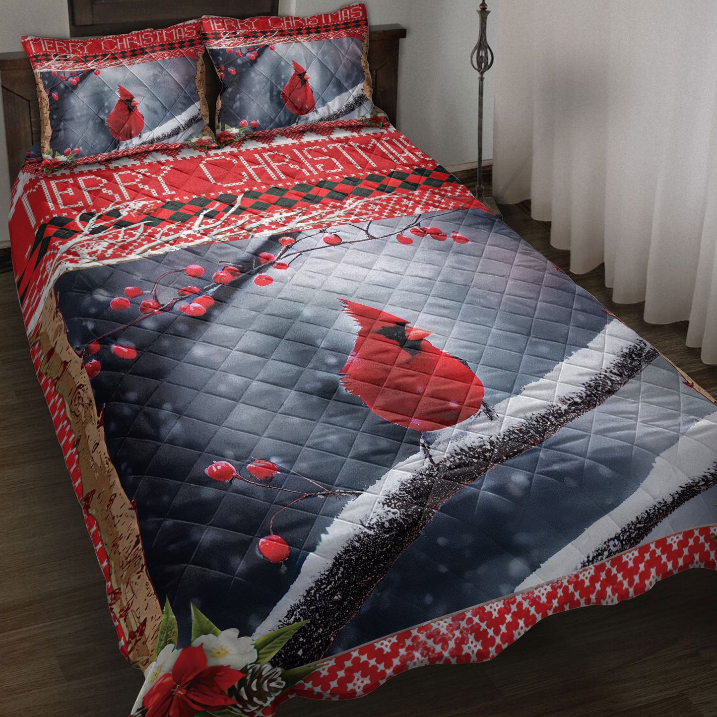 Cardinal Quilt Set, Lovely Cardinal Bird Perched Cherry Tree Snowflake Birds Quilt Blanket With Pillowcases, Quilt Bedding Set