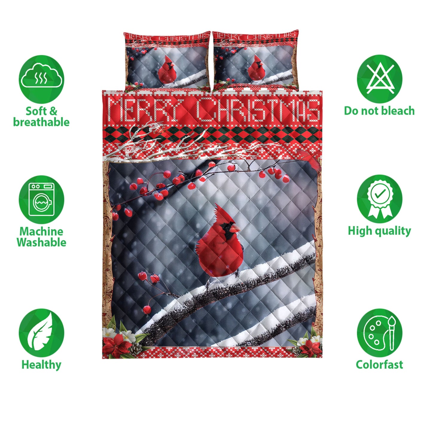 Cardinal Quilt Set, Lovely Cardinal Bird Perched Cherry Tree Snowflake Birds Quilt Blanket With Pillowcases, Quilt Bedding Set