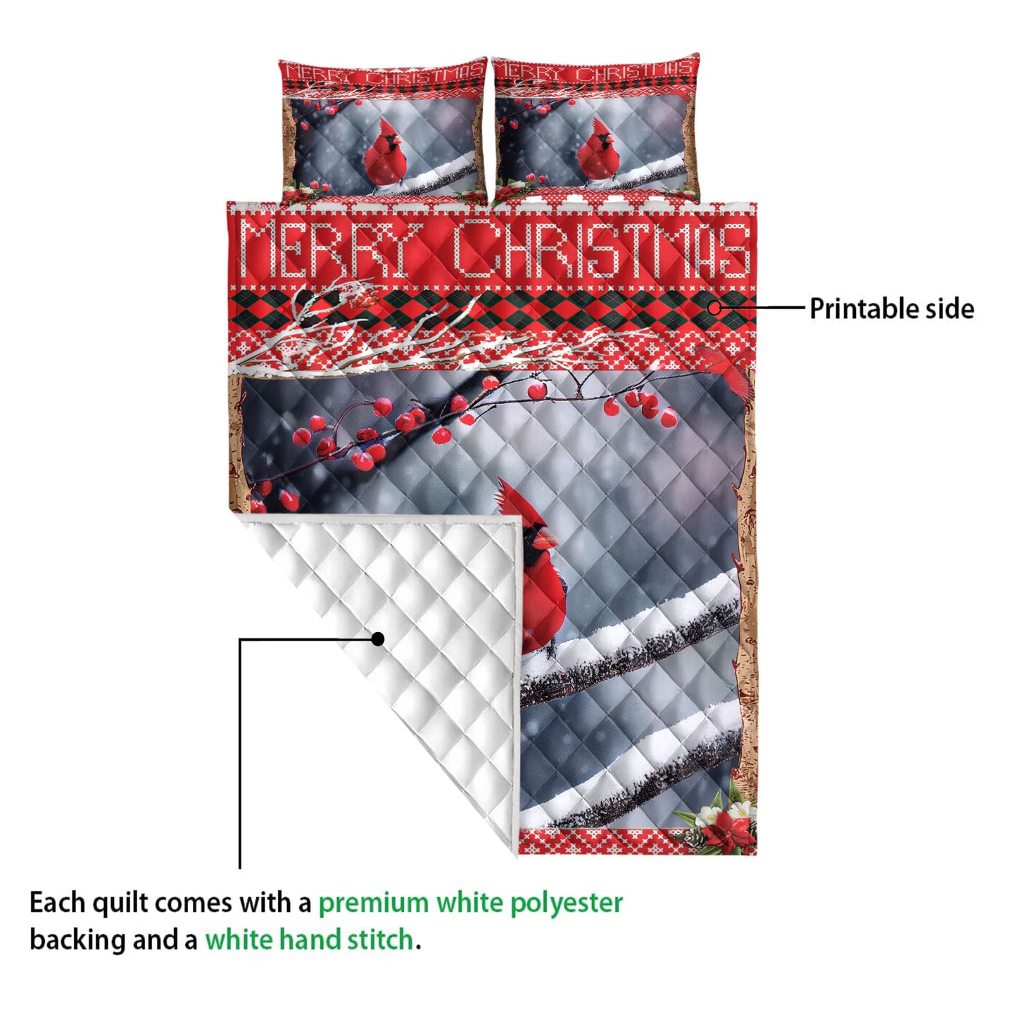 Cardinal Quilt Set, Lovely Cardinal Bird Perched Cherry Tree Snowflake Birds Quilt Blanket With Pillowcases, Quilt Bedding Set