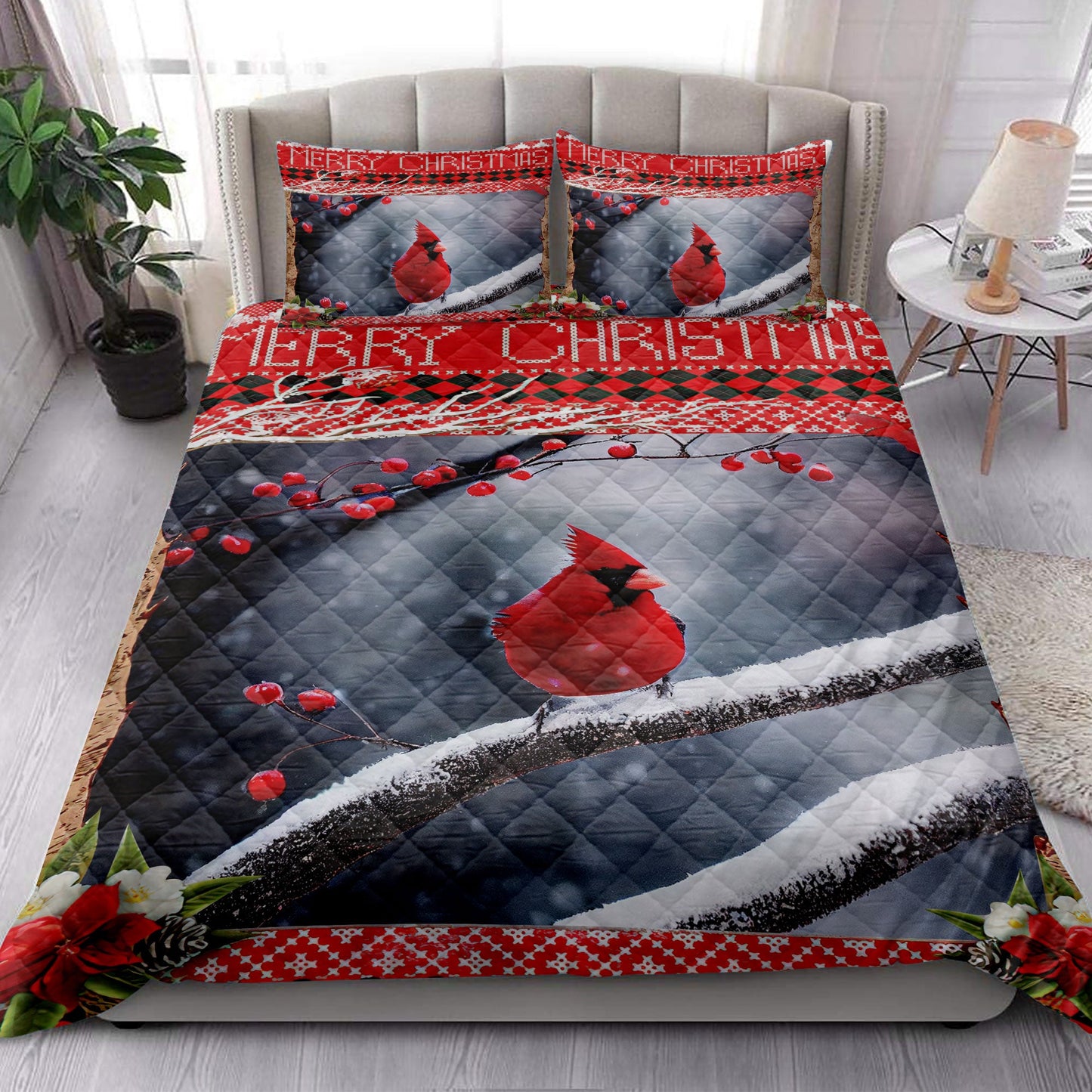 Cardinal Quilt Set, Lovely Cardinal Bird Perched Cherry Tree Snowflake Birds Quilt Blanket With Pillowcases, Quilt Bedding Set