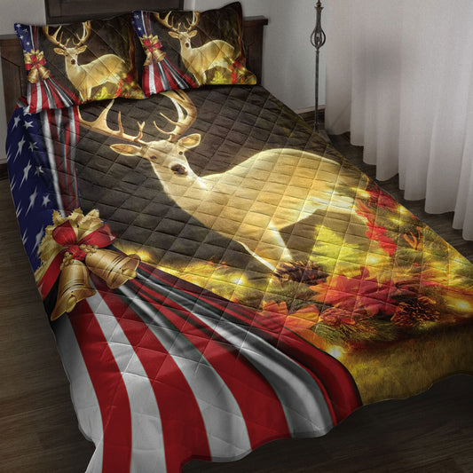 Deer Quilt Set, Beautiful Deer Inestmas Bell Us Flagmas Quilt Blanket With Pillowcases, Quilt Bedding Set, Christmas Gift