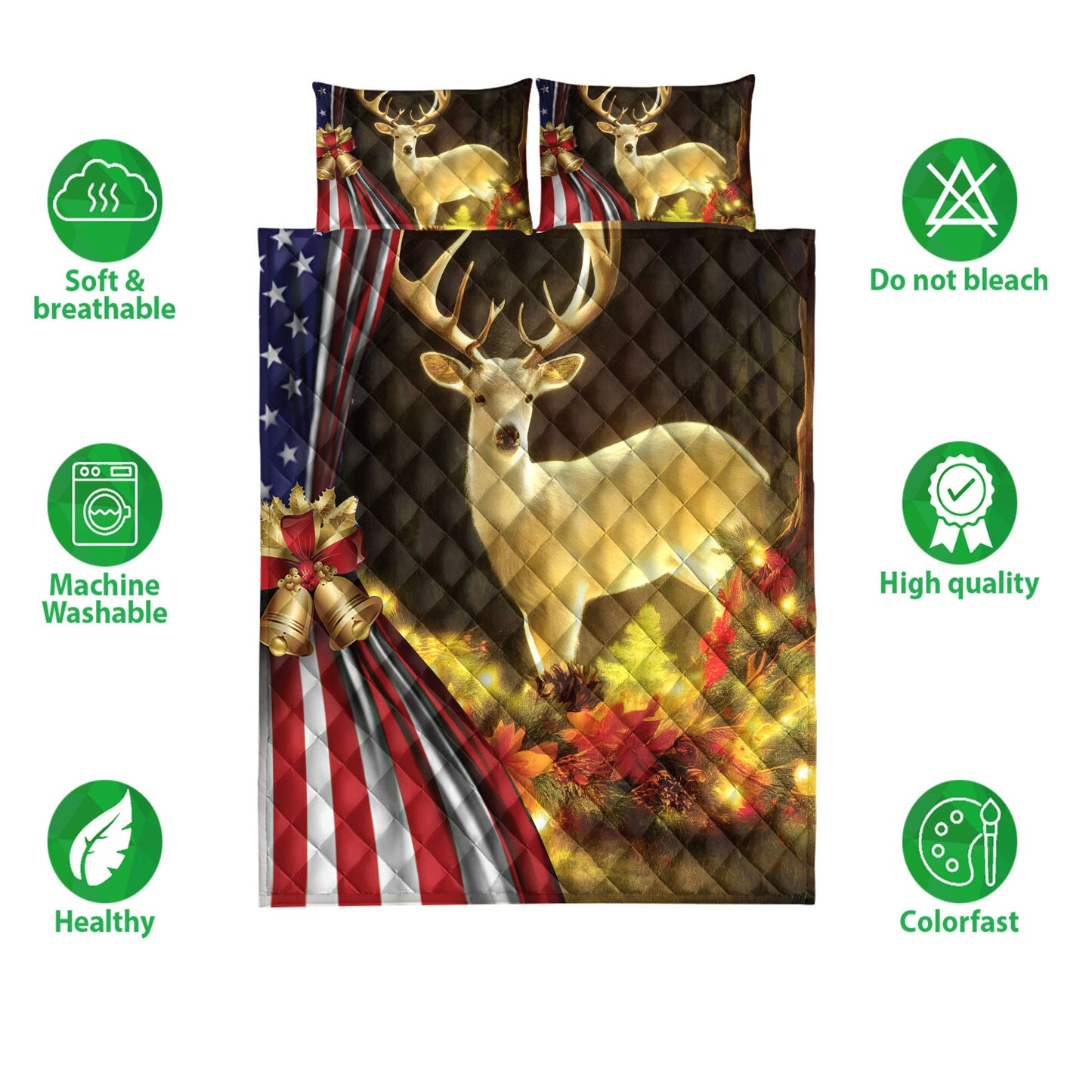 Deer Quilt Set, Beautiful Deer Inestmas Bell Us Flagmas Quilt Blanket With Pillowcases, Quilt Bedding Set, Christmas Gift