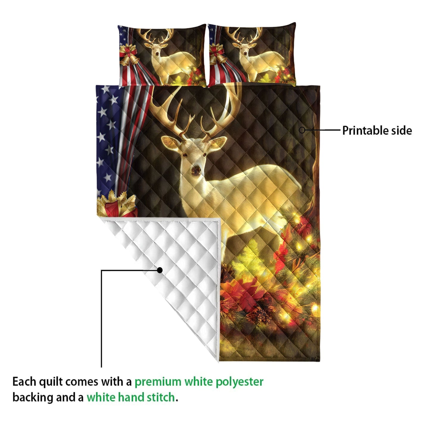 Deer Quilt Set, Beautiful Deer Inestmas Bell Us Flagmas Quilt Blanket With Pillowcases, Quilt Bedding Set, Christmas Gift