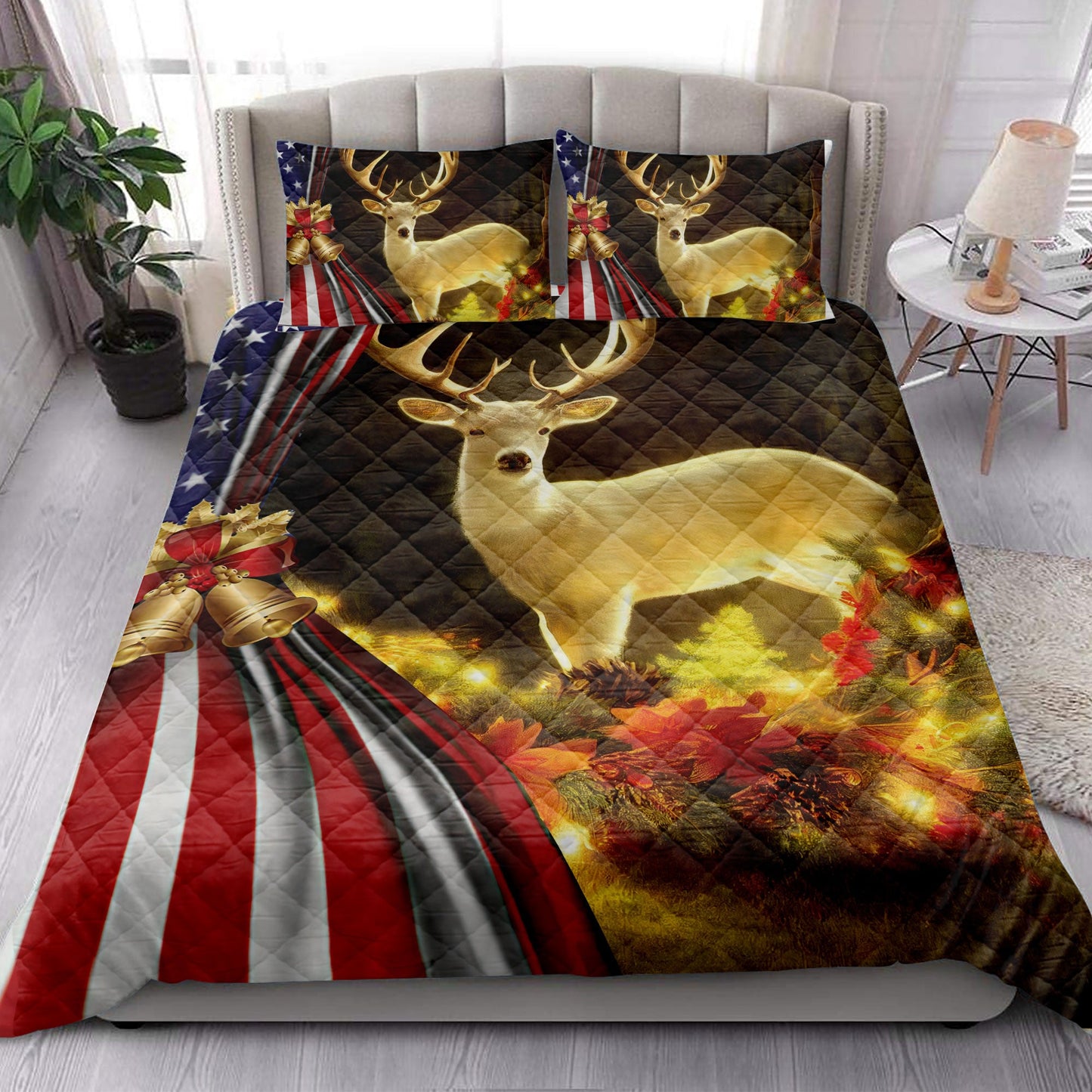 Deer Quilt Set, Beautiful Deer Inestmas Bell Us Flagmas Quilt Blanket With Pillowcases, Quilt Bedding Set, Christmas Gift
