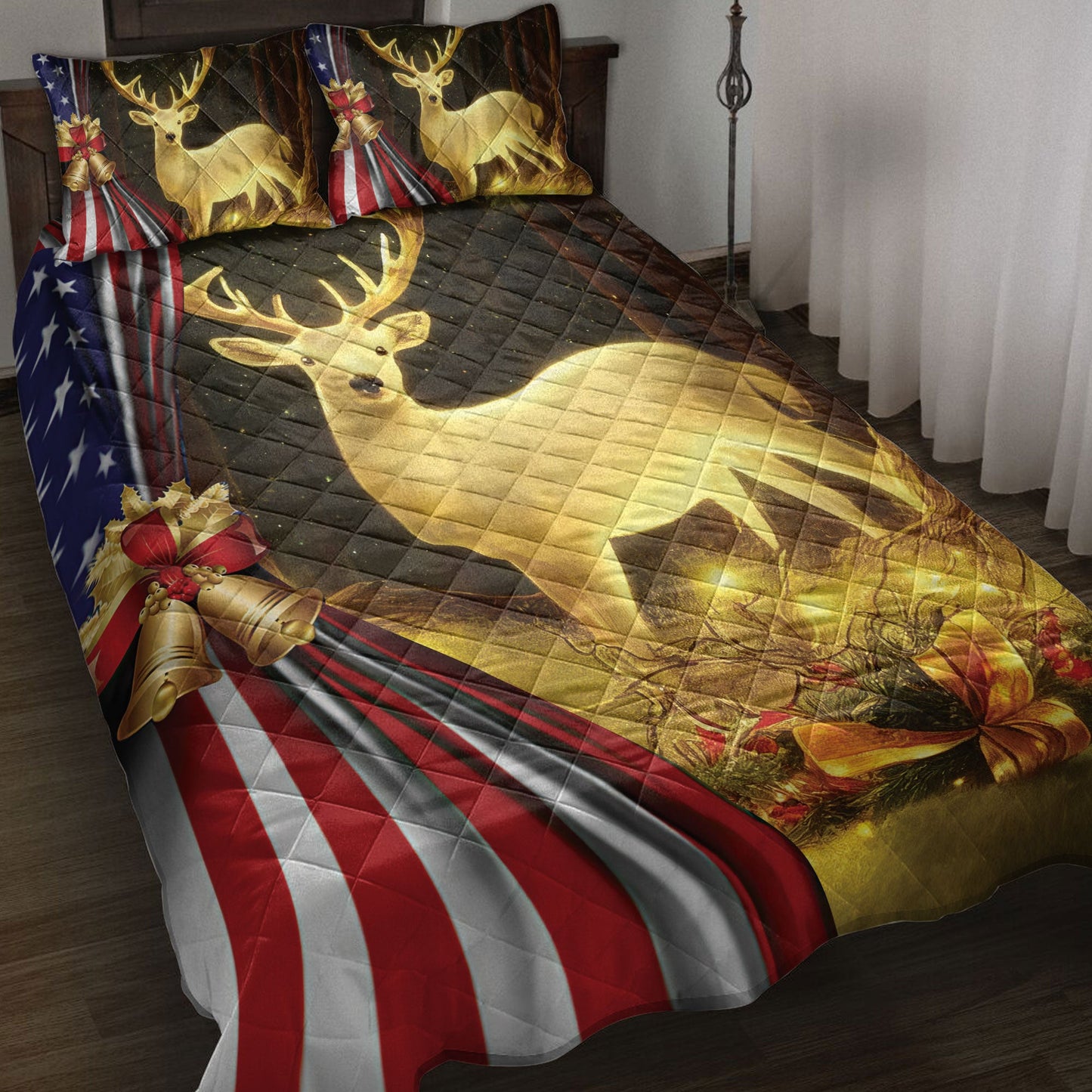 Deer Quilt Set, Lovely Deer Inestmas Bell Us Flagmas Quilt Blanket With Pillowcases, Quilt Bedding Set, Christmas Gift