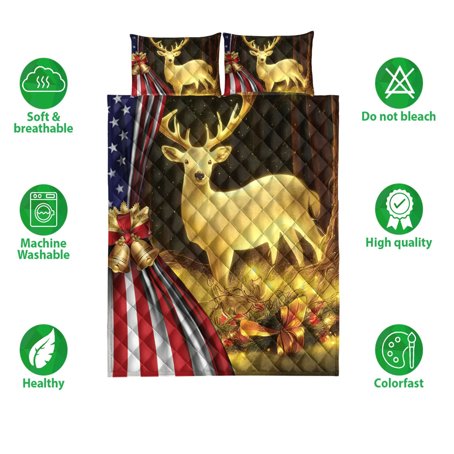 Deer Quilt Set, Lovely Deer Inestmas Bell Us Flagmas Quilt Blanket With Pillowcases, Quilt Bedding Set, Christmas Gift