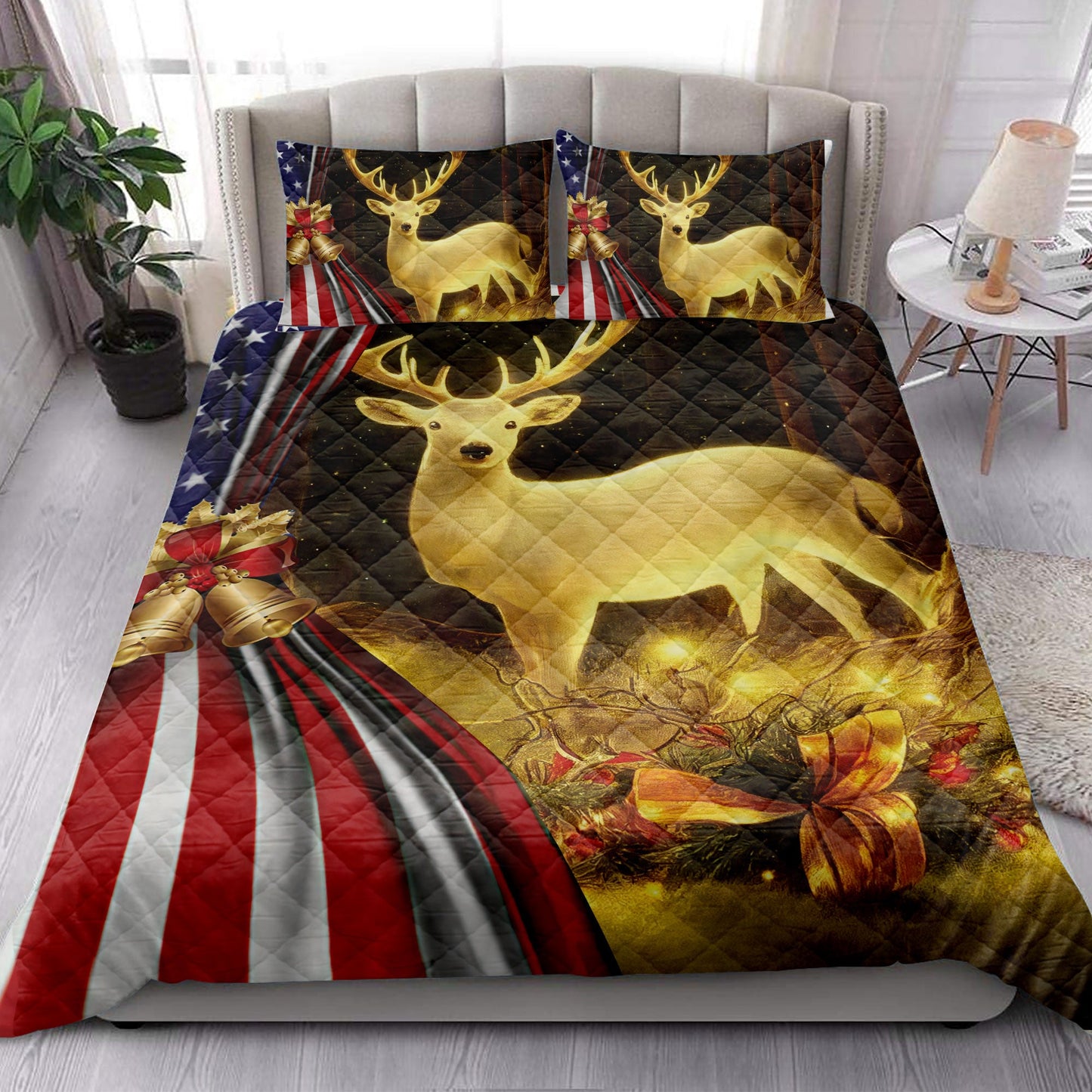 Deer Quilt Set, Lovely Deer Inestmas Bell Us Flagmas Quilt Blanket With Pillowcases, Quilt Bedding Set, Christmas Gift