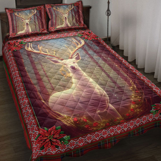 Deer Quilt Set, Beautiful Deer Inestmas Light Mistletoe Poinsettia Quilt Blanket With Pillowcases, Quilt Bedding Set, Christmas Gift