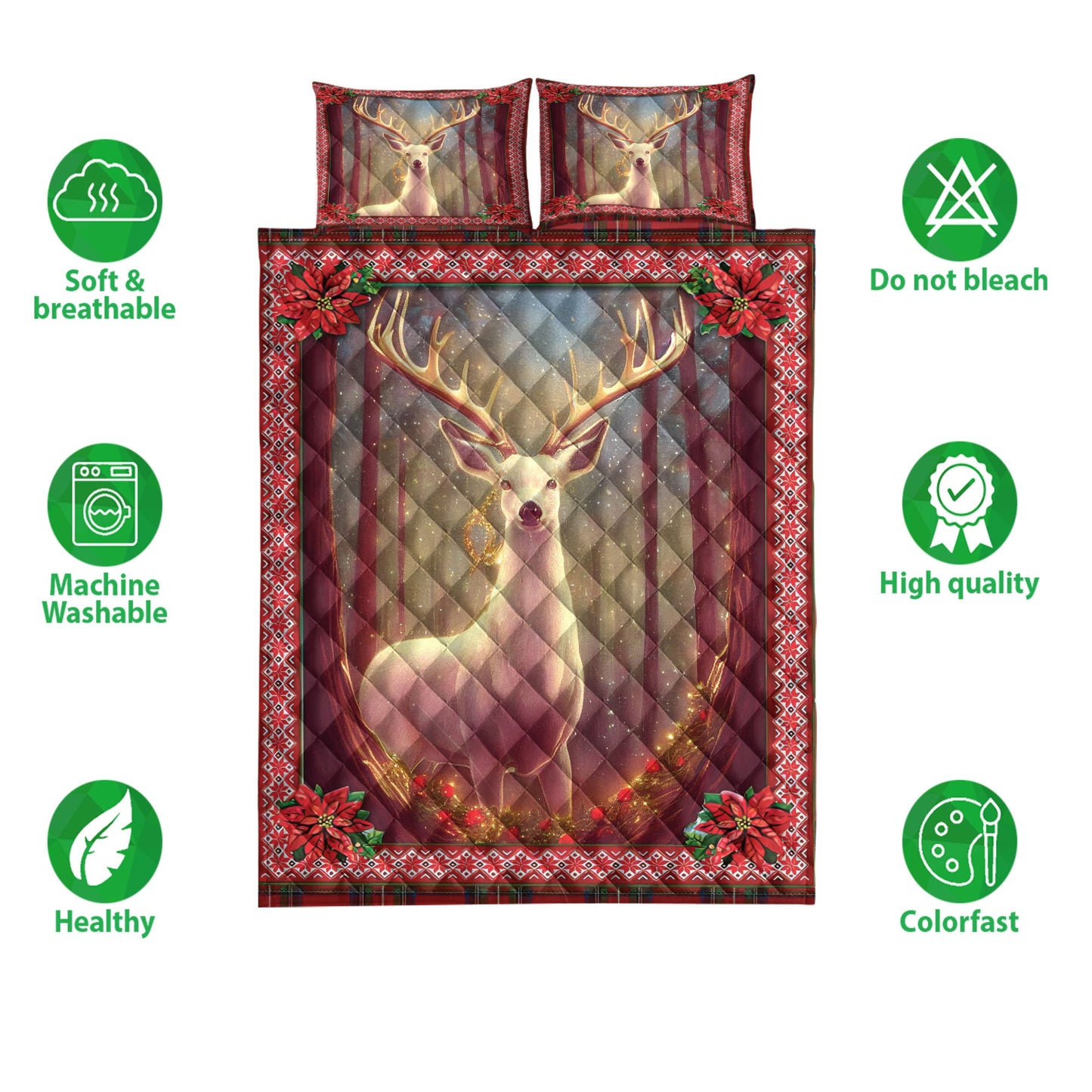 Deer Quilt Set, Beautiful Deer Inestmas Light Mistletoe Poinsettia Quilt Blanket With Pillowcases, Quilt Bedding Set, Christmas Gift
