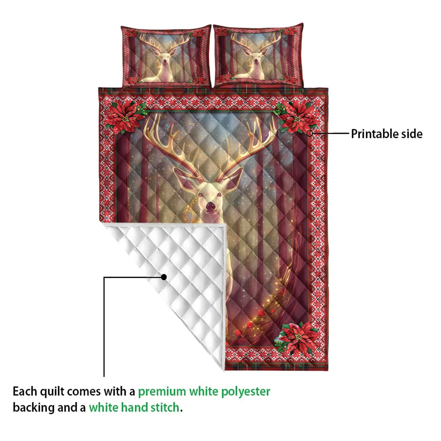 Deer Quilt Set, Beautiful Deer Inestmas Light Mistletoe Poinsettia Quilt Blanket With Pillowcases, Quilt Bedding Set, Christmas Gift