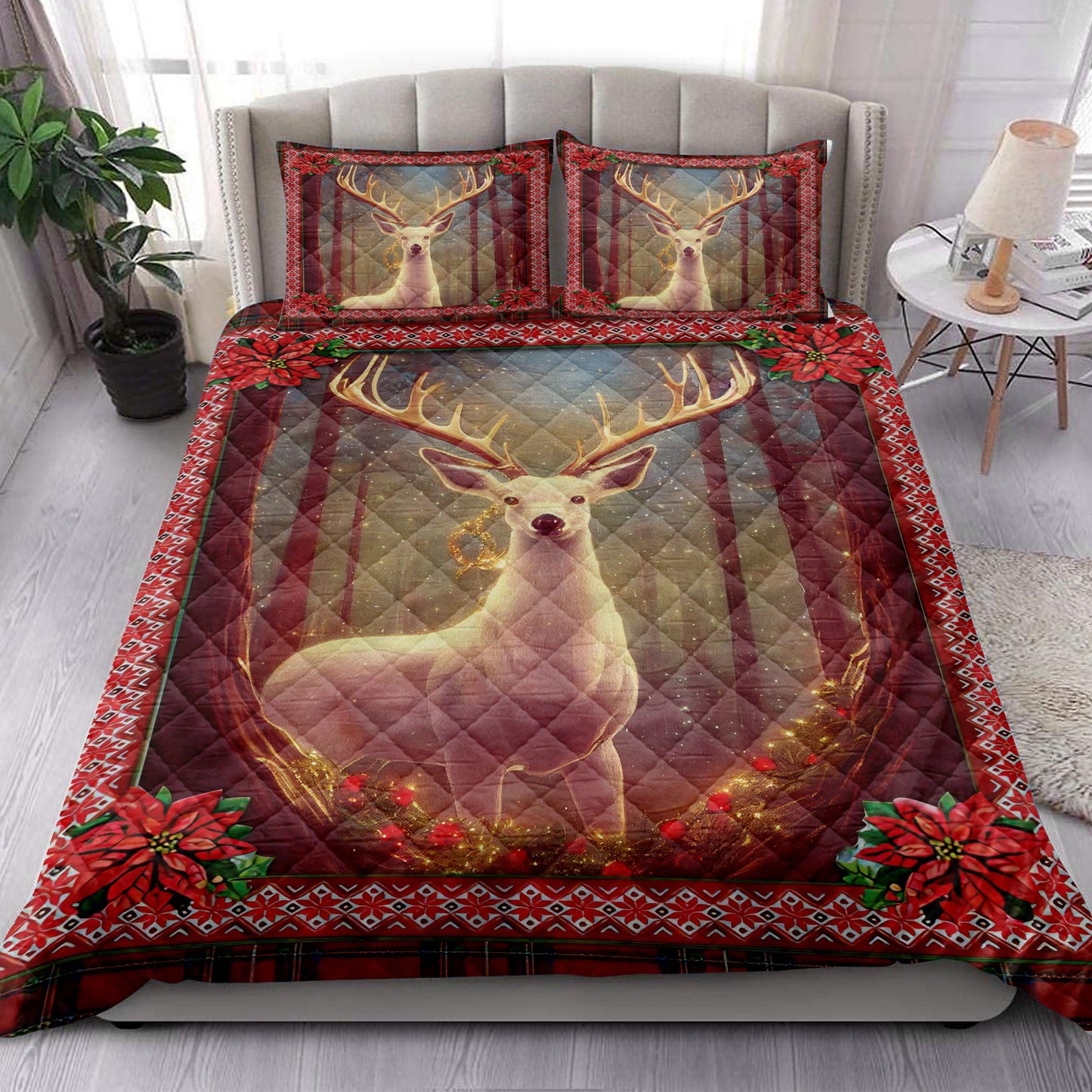 Deer Quilt Set, Beautiful Deer Inestmas Light Mistletoe Poinsettia Quilt Blanket With Pillowcases, Quilt Bedding Set, Christmas Gift