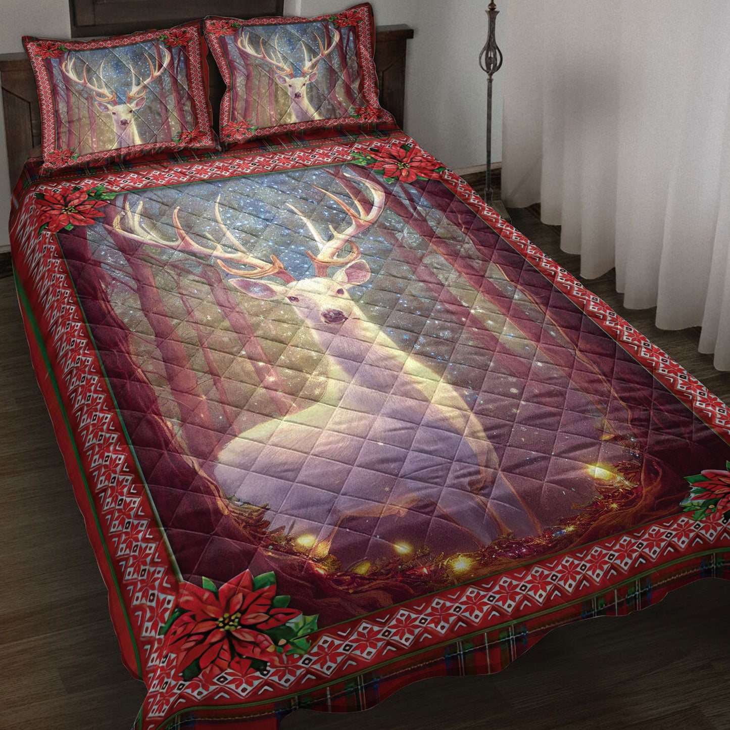 Deer Quilt Set, White Deer Withmas Light And Holy Poinsettiamass Quilt Blanket With Pillowcases, Quilt Bedding Set, Christmas Gift