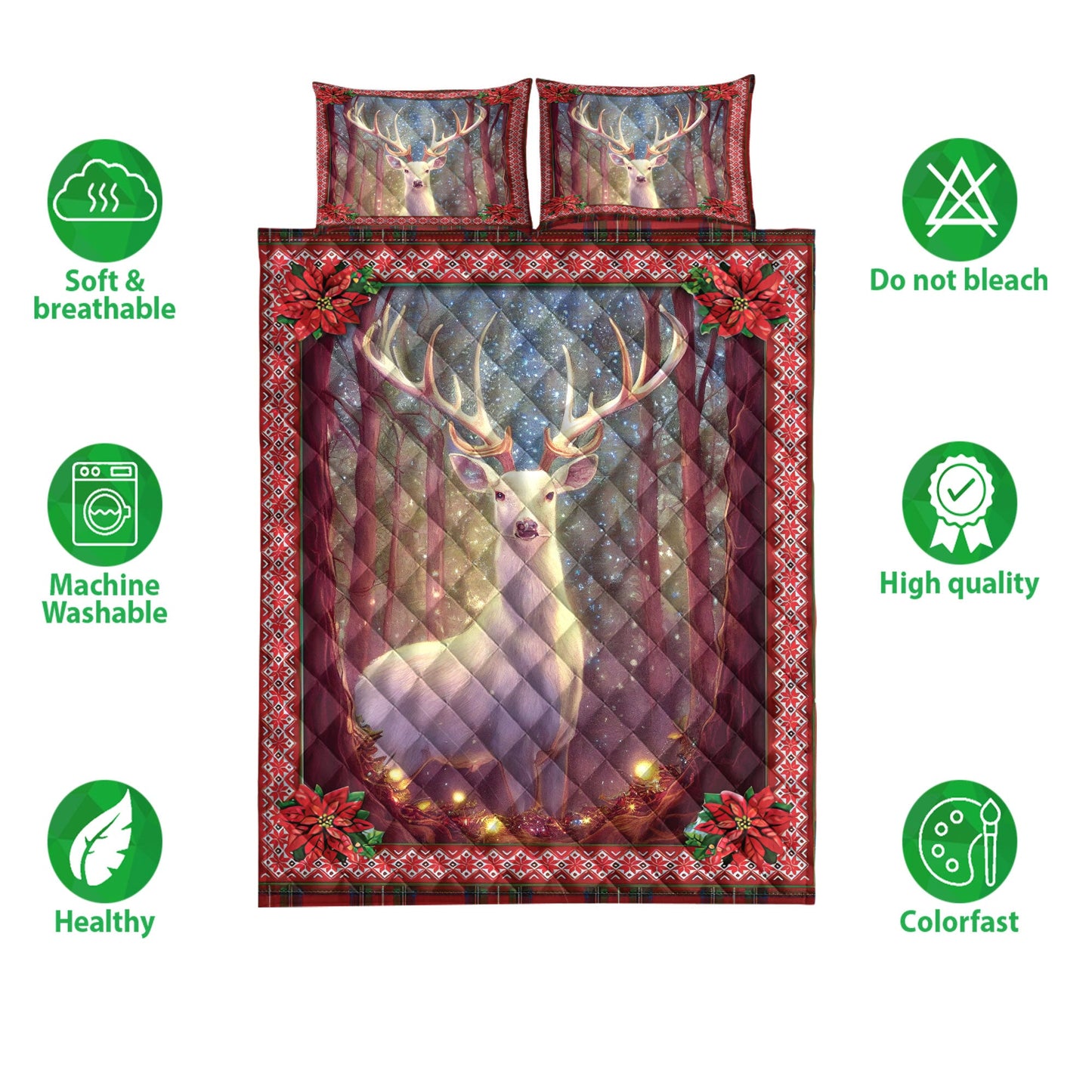 Deer Quilt Set, White Deer Withmas Light And Holy Poinsettiamass Quilt Blanket With Pillowcases, Quilt Bedding Set, Christmas Gift
