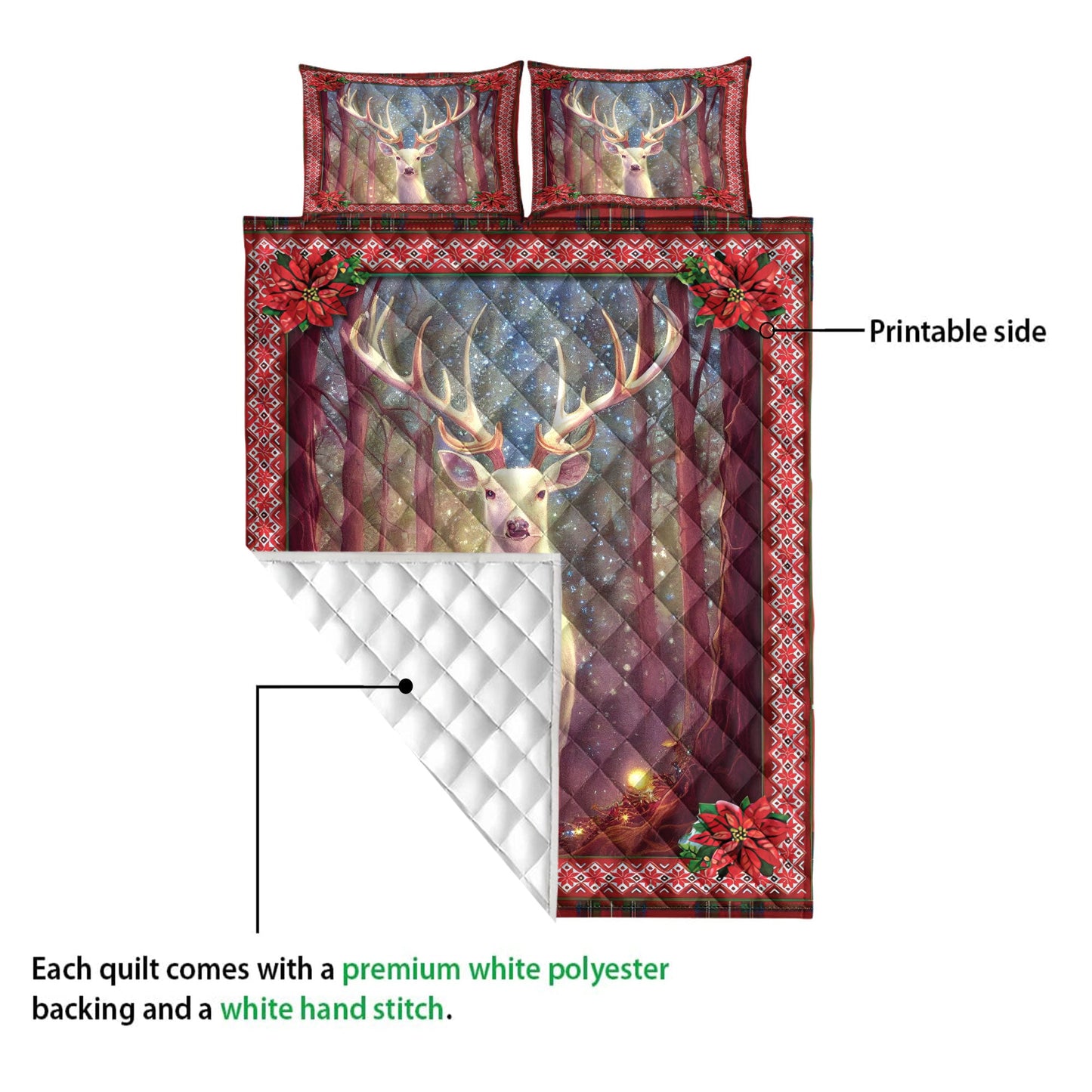 Deer Quilt Set, White Deer Withmas Light And Holy Poinsettiamass Quilt Blanket With Pillowcases, Quilt Bedding Set, Christmas Gift