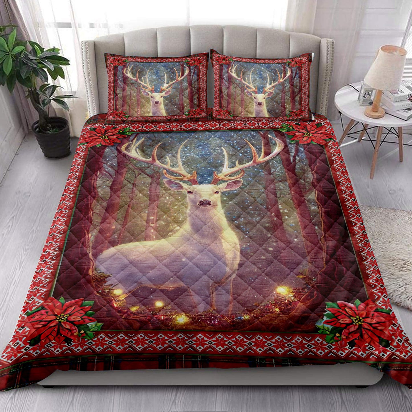 Deer Quilt Set, White Deer Withmas Light And Holy Poinsettiamass Quilt Blanket With Pillowcases, Quilt Bedding Set, Christmas Gift