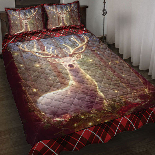 Deer Quilt Set, Lovely Deermas Light Holy Berrymass Quilt Blanket With Pillowcases, Quilt Bedding Set, Christmas Gift