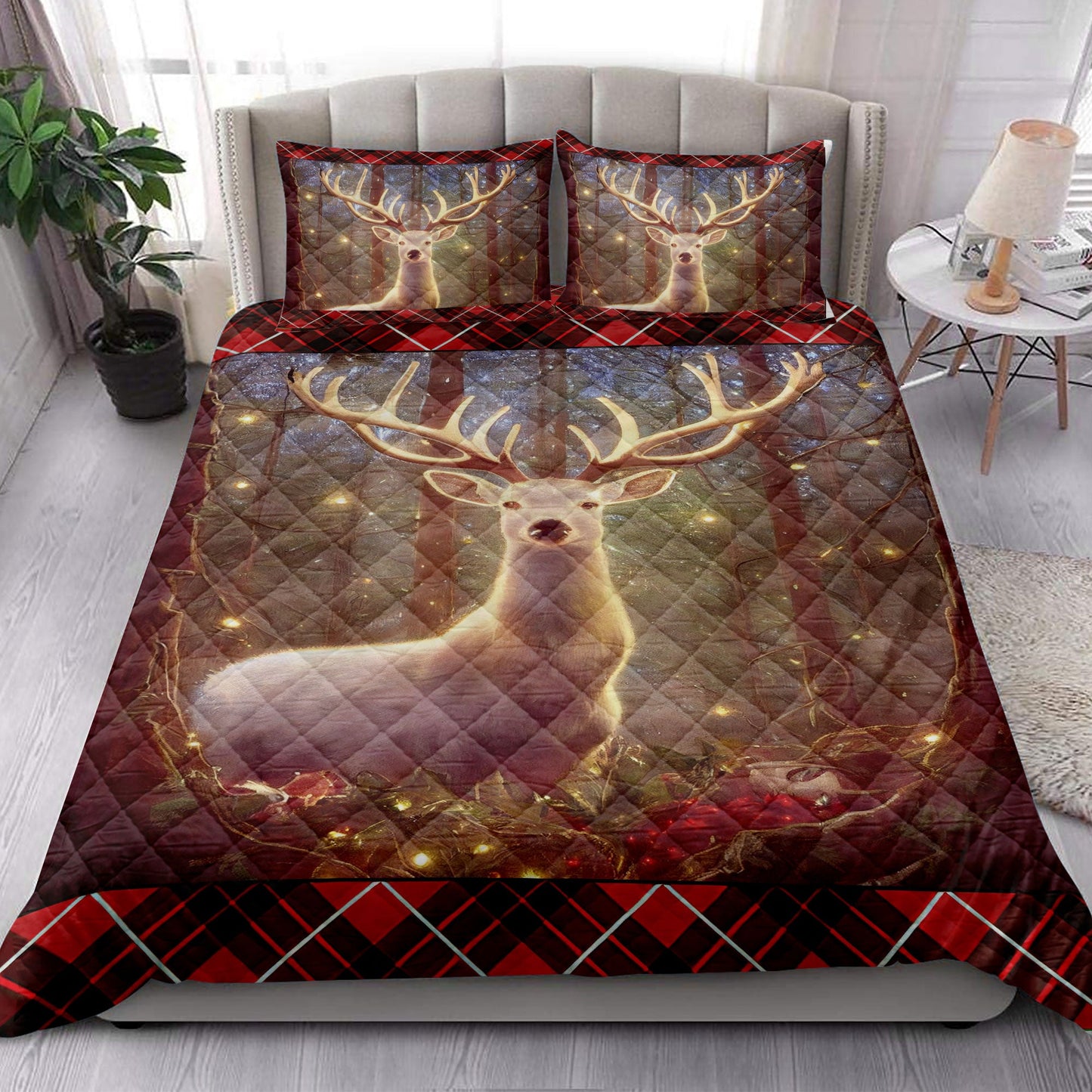 Deer Quilt Set, Lovely Deermas Light Holy Berrymass Quilt Blanket With Pillowcases, Quilt Bedding Set, Christmas Gift