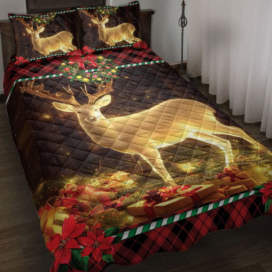 Deer Quilt Set, Beautiful Deer Inest With Wreath Chrismasmass Quilt Blanket With Pillowcases, Quilt Bedding Set, Christmas Gift