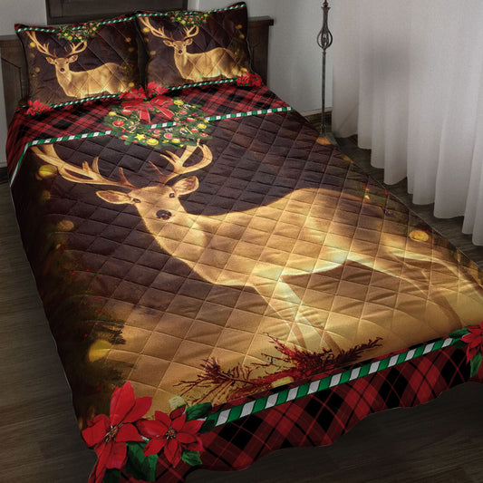 Deer Quilt Set, Lovely Deer Inest With Wreathmass Quilt Blanket With Pillowcases, Quilt Bedding Set, Christmas Gift